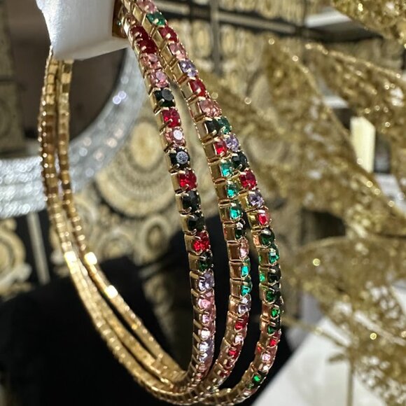 Gold Tone Rhinestone Bangle Bracelets Set Of 3 Multicolor - Picture 2 of 5